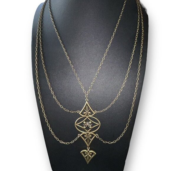 Festoon Necklace Brass Color Metal Filigree Design Three Strands Necklace - Picture 1 of 6